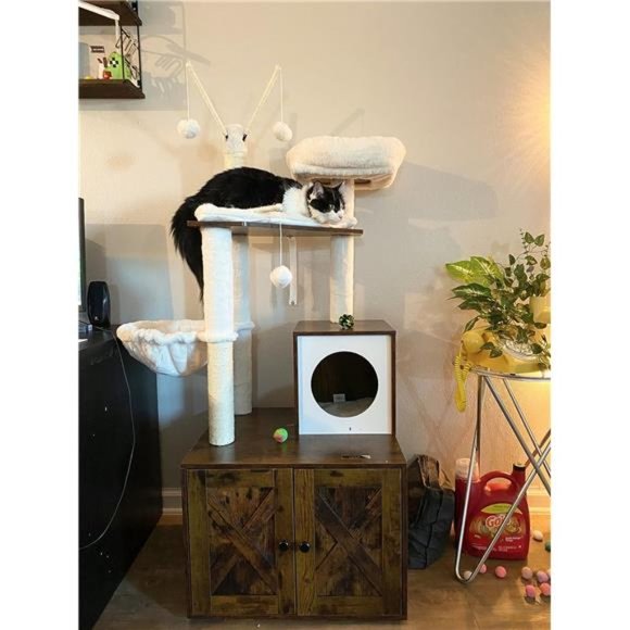 2-in-1 Modern Tower Cat Condo Cat Tree with Litter Box Enclosure, Rustic Brown - Picture 7 of 8